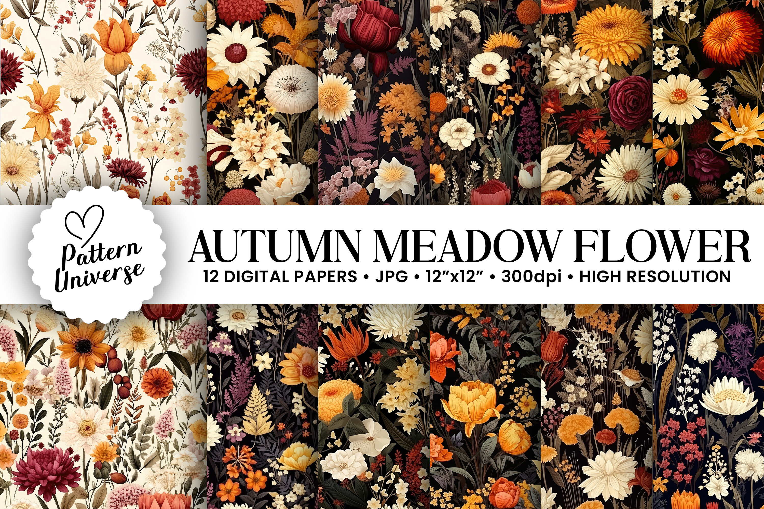 Autumn Meadow Flowers Digital Papers Graphic by Pattern Universe ...