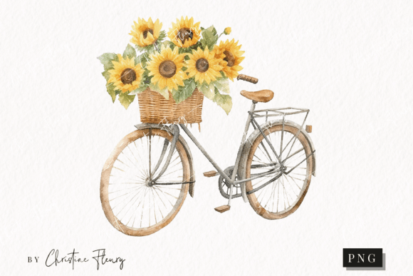 Watercolor Sunflower Bicycle Clipart Graphic Illustrations By Christine Fleury