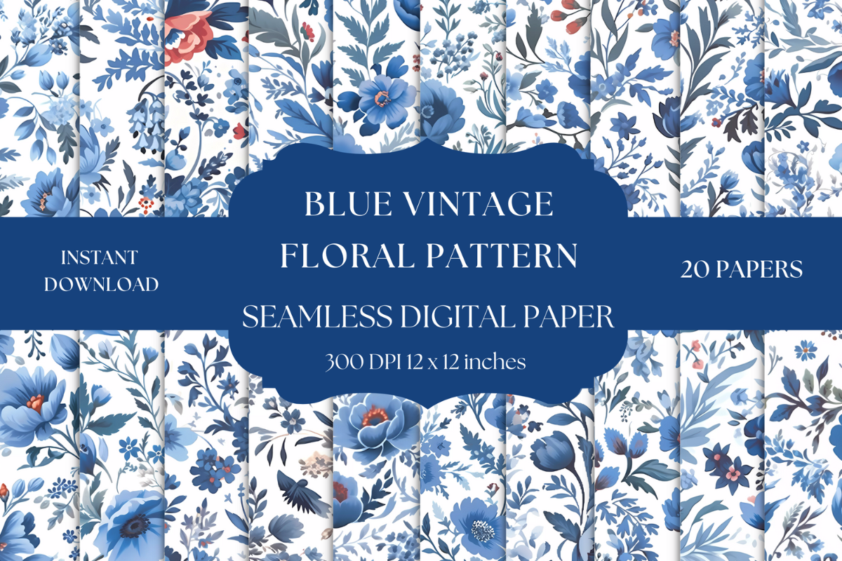 Blue Vintage Floral Digital Paper Graphic by daphnekstudio · Creative ...