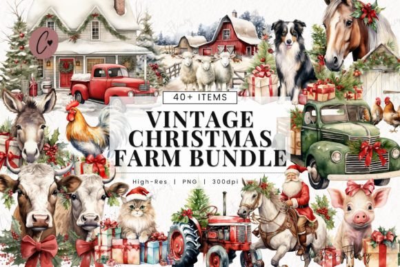 Vintage Christmas Farm Clipart Grafica Illustrazioni Stampabili Di Christine Fleury