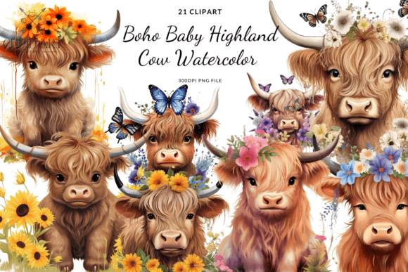 Boho Baby Highland Cow Watercolor Bundle for nursery wall art