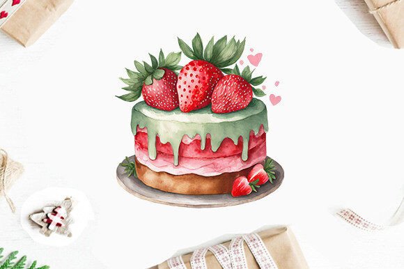 Strawberry Cake Watercolor Clipart PNG