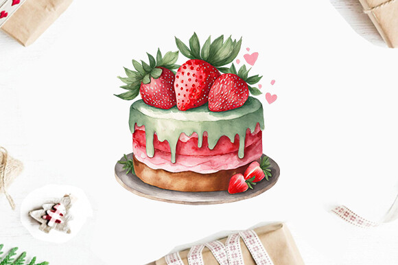 Strawberry Cake Watercolor Clipart PNG