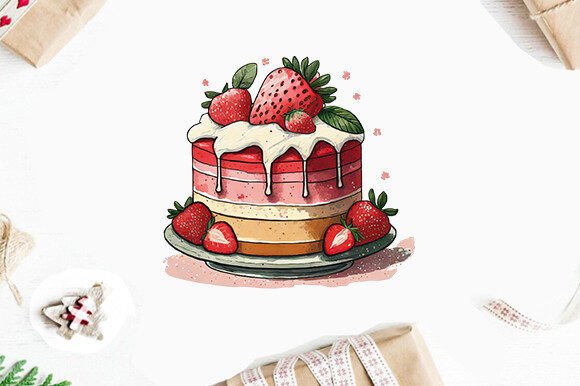 Strawberry Cake Watercolor Clipart PNG