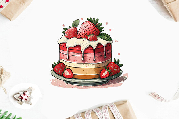 Strawberry Cake Watercolor Clipart PNG