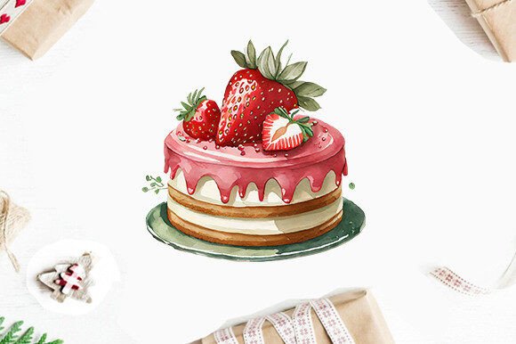 Strawberry Cake Watercolor Clipart PNG