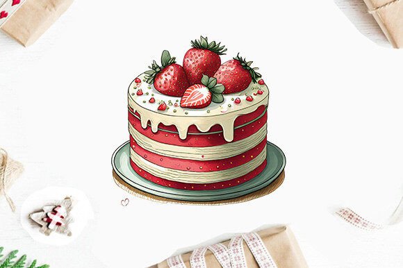Strawberry Cake Watercolor Clipart PNG