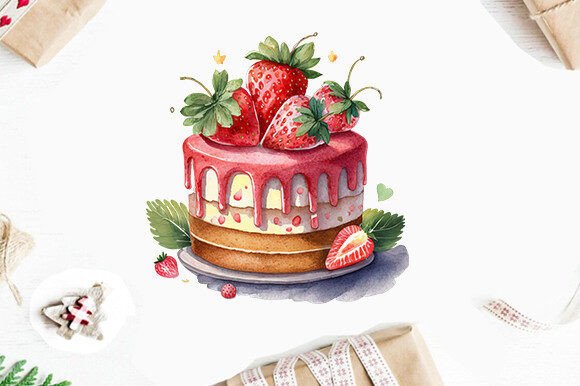 Strawberry Cake Watercolor Clipart PNG