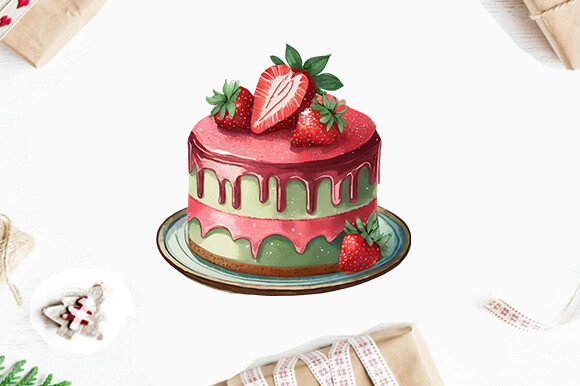 Strawberry Cake Watercolor Clipart PNG