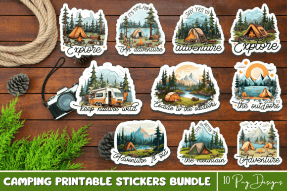 Camping Printable Stickers PNG Bundle