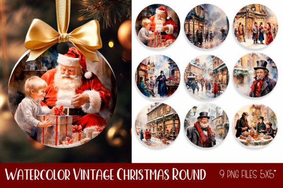Watercolor Vintage Christmas Round Grafica Illustrazioni Stampabili Di ElenaZlataArt