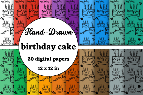 Hand Drawn Birthday Cake Digital Papers