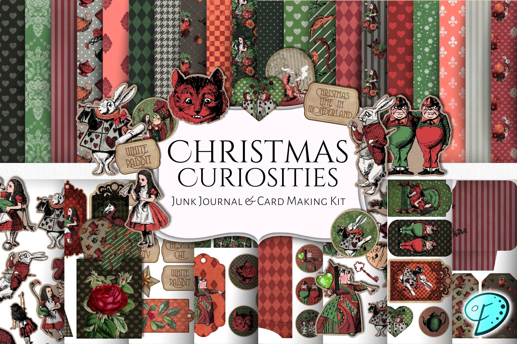 Christmas Curiosities Alice in Wonderland junk journal kit preview with ephemera and pattern papers