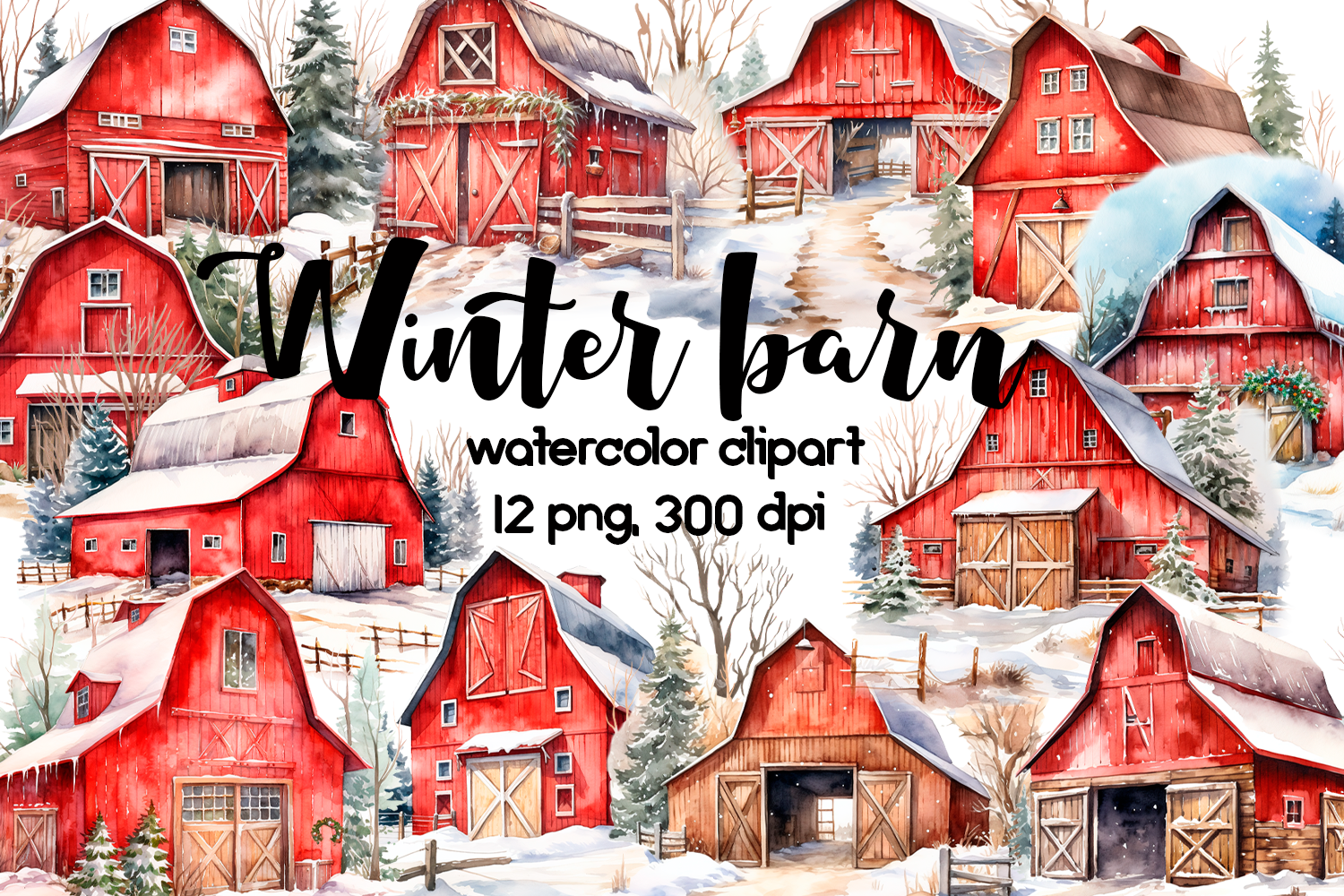Winter Red Barn Watercolor Clipart Graphic by sashanikart · Creative ...