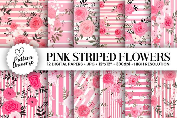 Pink Striped Flowers Seamless Patterns Graphic by Pattern Universe ...