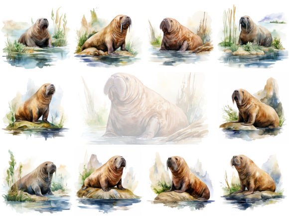 Cute Watercolor Walrus Clipart Image Set Graphic Illustrations By Andreas Stumpf Designs