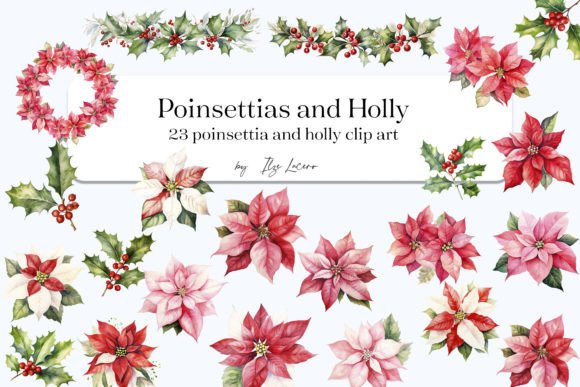 Poinsettia and Holly Holiday Clip Art