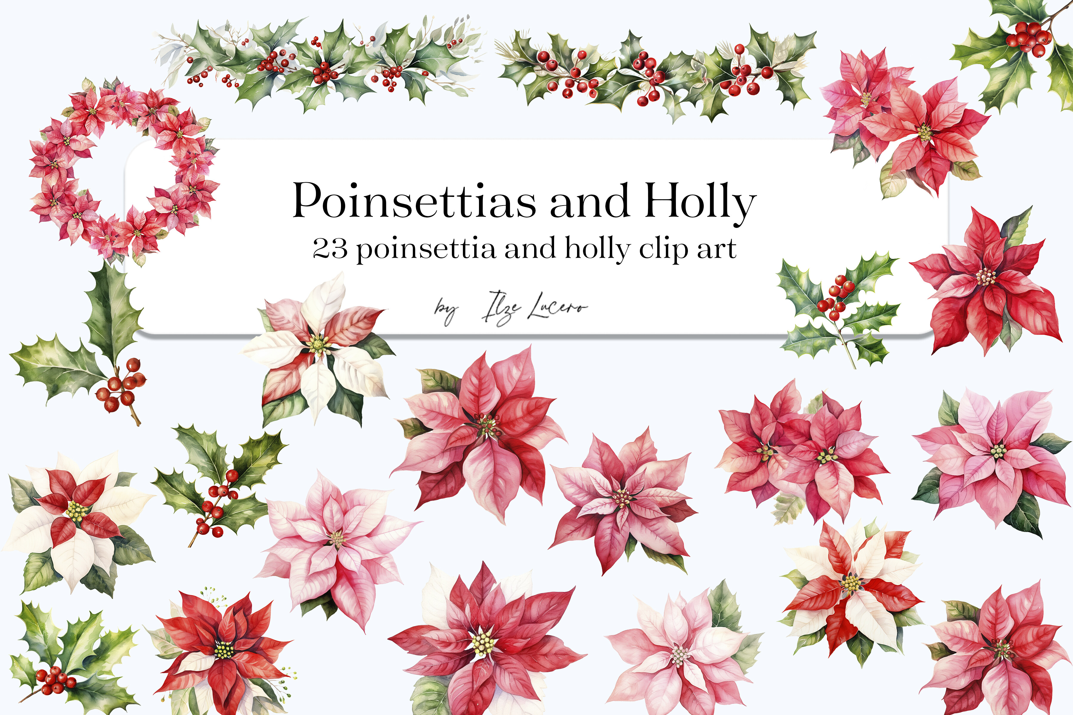 Poinsettia and Holly Holiday Clip Art