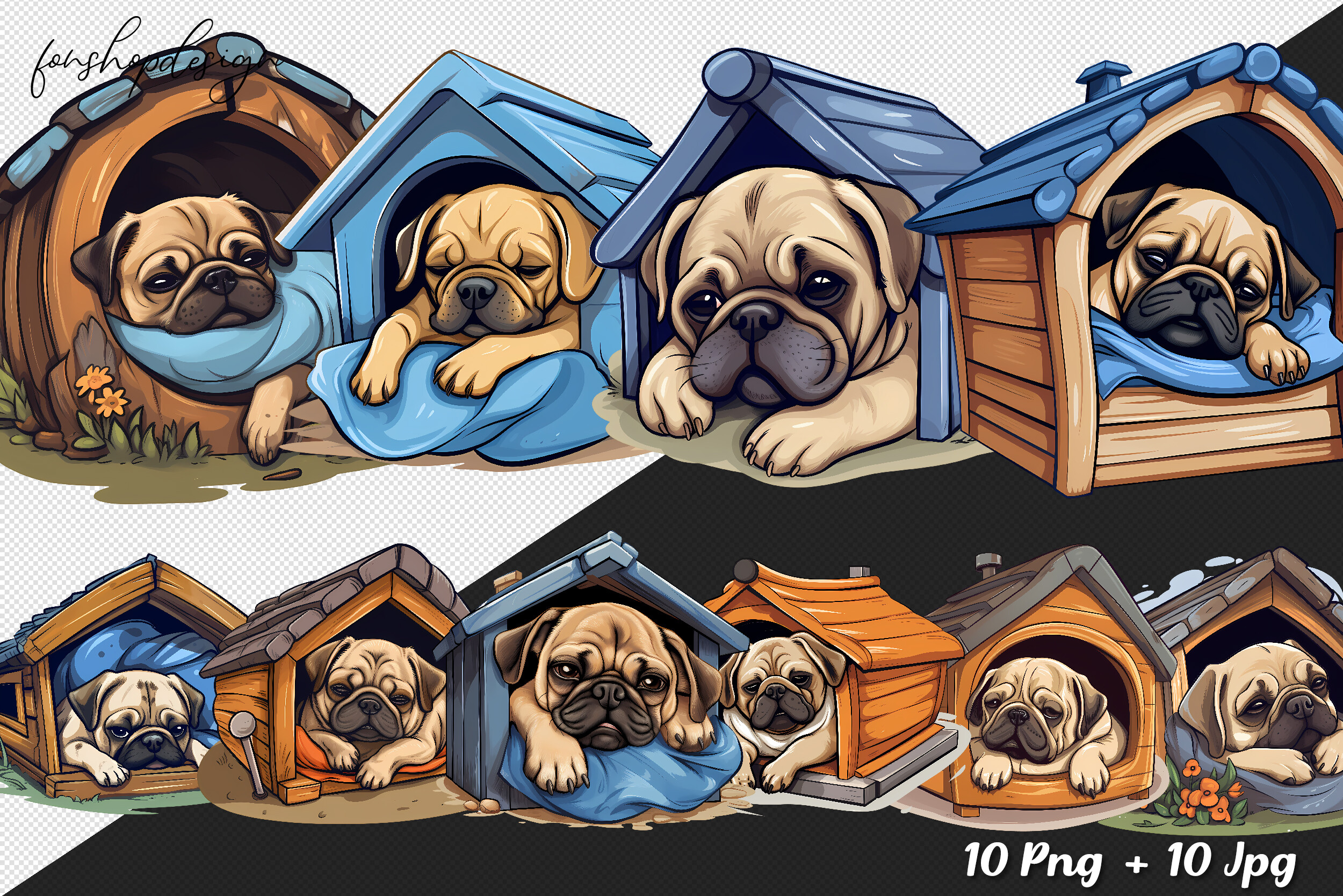 Cute Pug in Dog House Watercolor Graphic by FonShopDesign · Creative ...