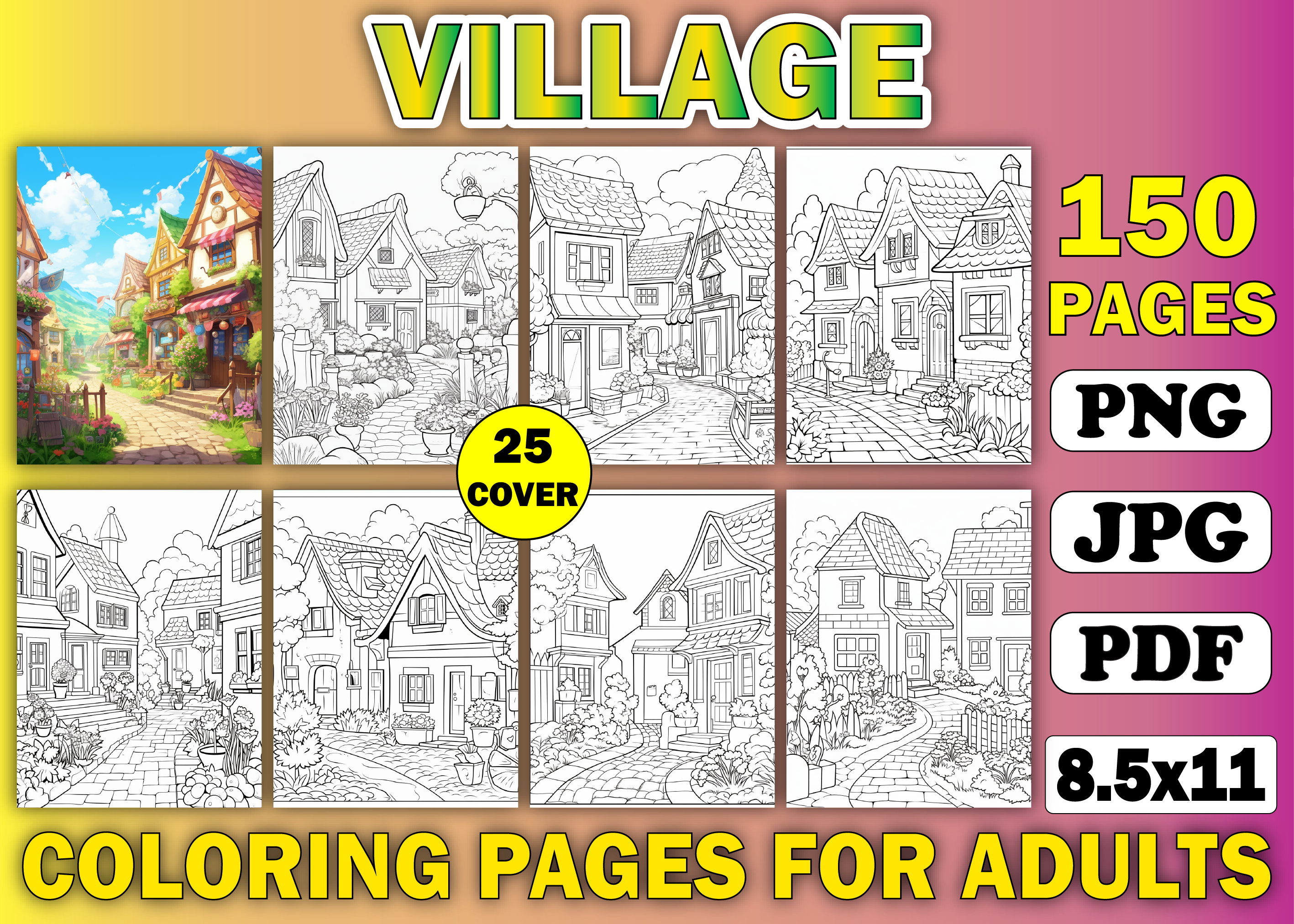 150 Village Coloring Pages for Adults Graphic by KDP TEMPLATES ART ...