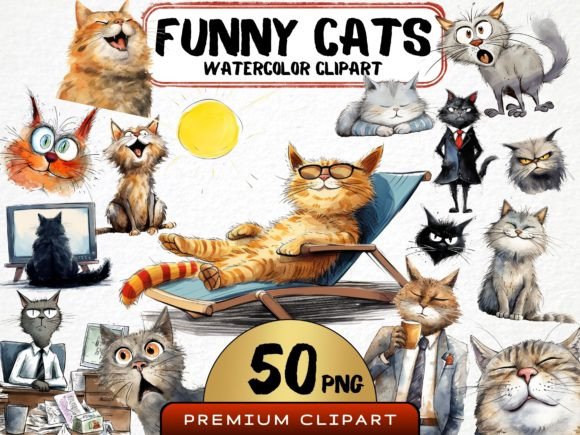 Cute and Funny Cat Clipart Bundle Illustration Illustrations Imprimables Par MokoDE