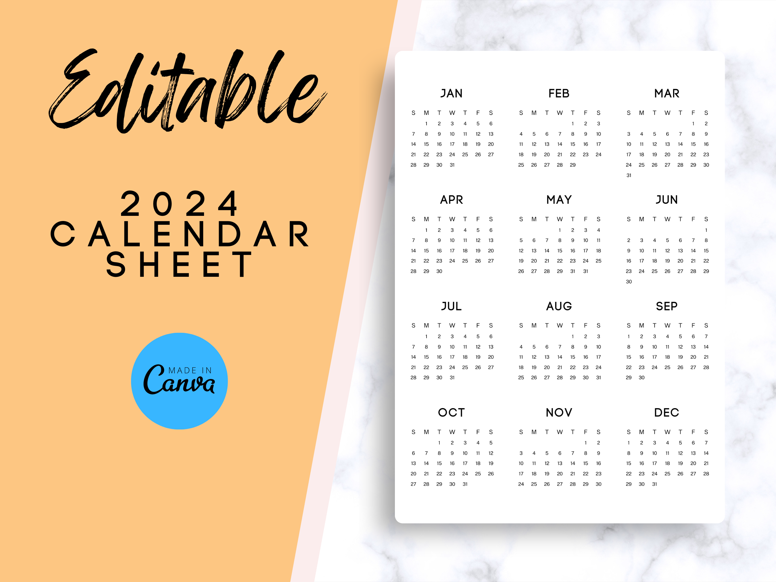 Editable 2024 Calendar Sheet Graphic by The Design Niche · Creative Fabrica
