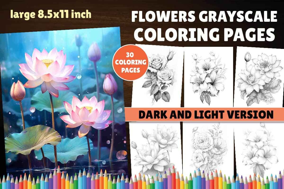 Flowers Grayscale Coloring Pages Book Graphic by Artful Prints ...