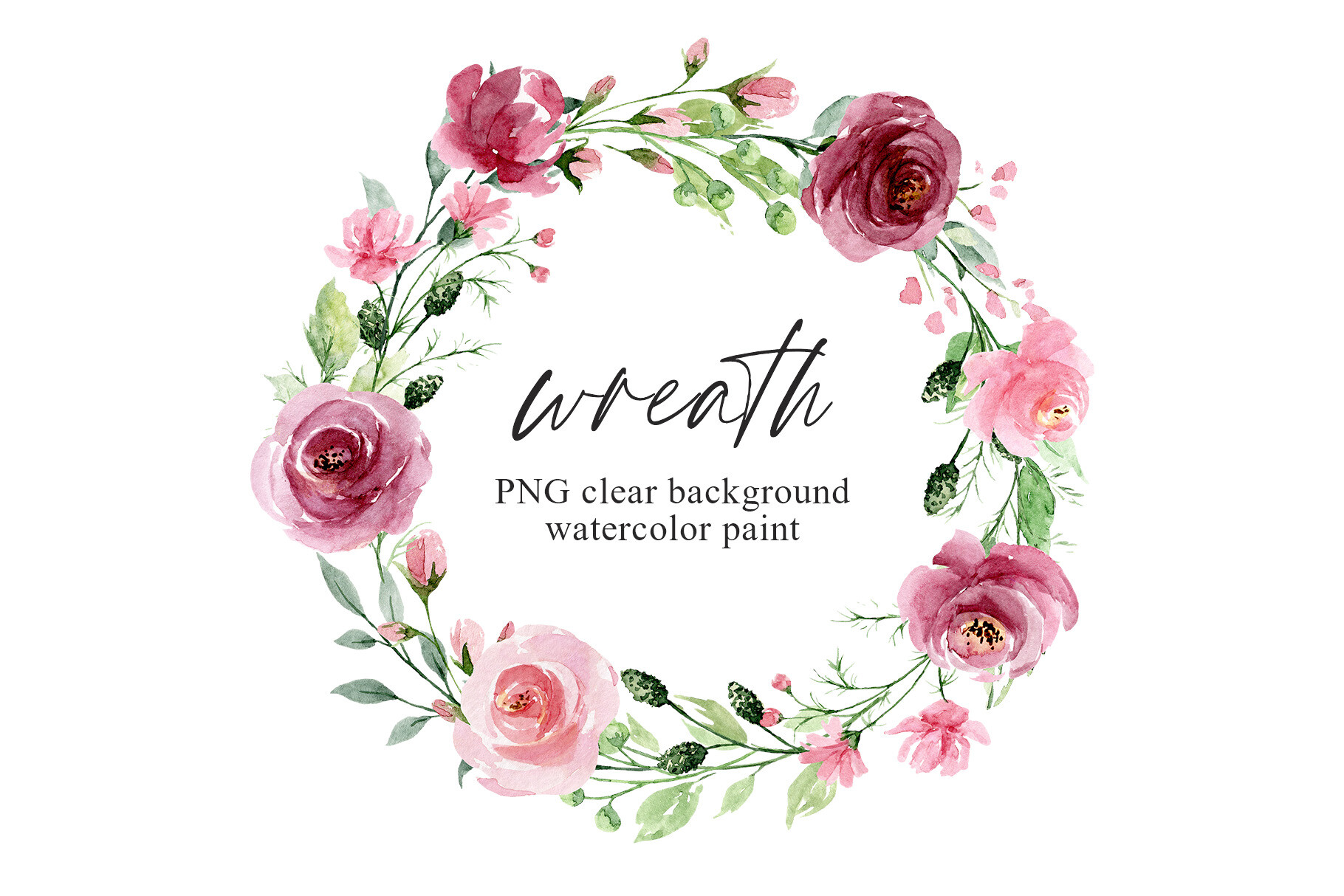 Wreath with Pink Watercolor Flowers, PNG