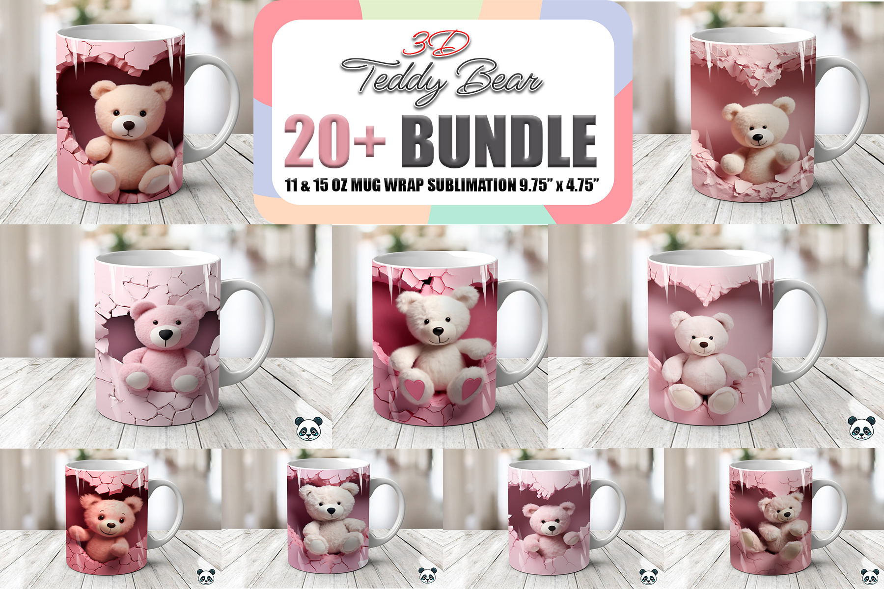 Teddy Bear 3D Valentine Mug Wrap Bundle Graphic by Pandastic · Creative ...