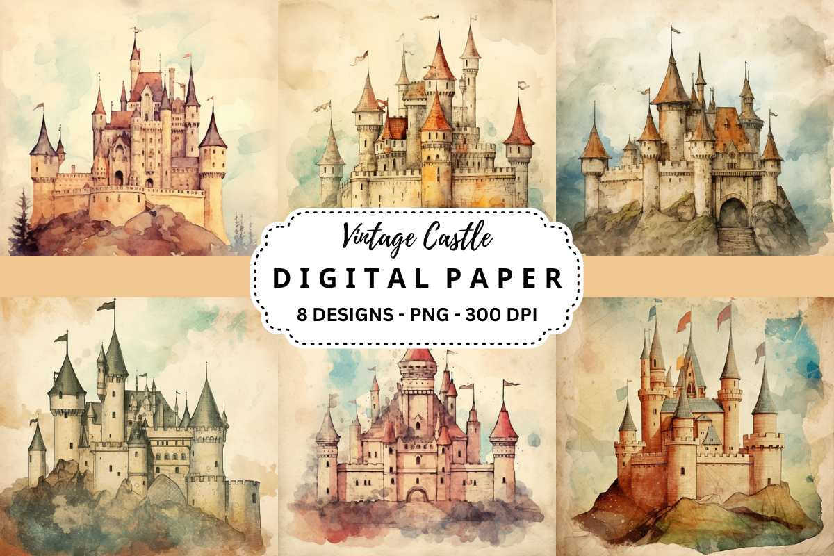 Vintage Castle Watercolor Digital Paper Graphic by pcudesigns ...
