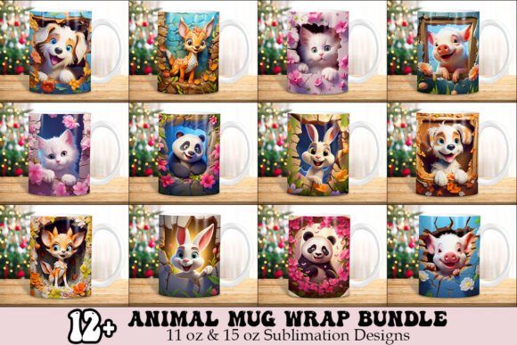 3d Animal Mug Wrap Designs Bundle Graphics