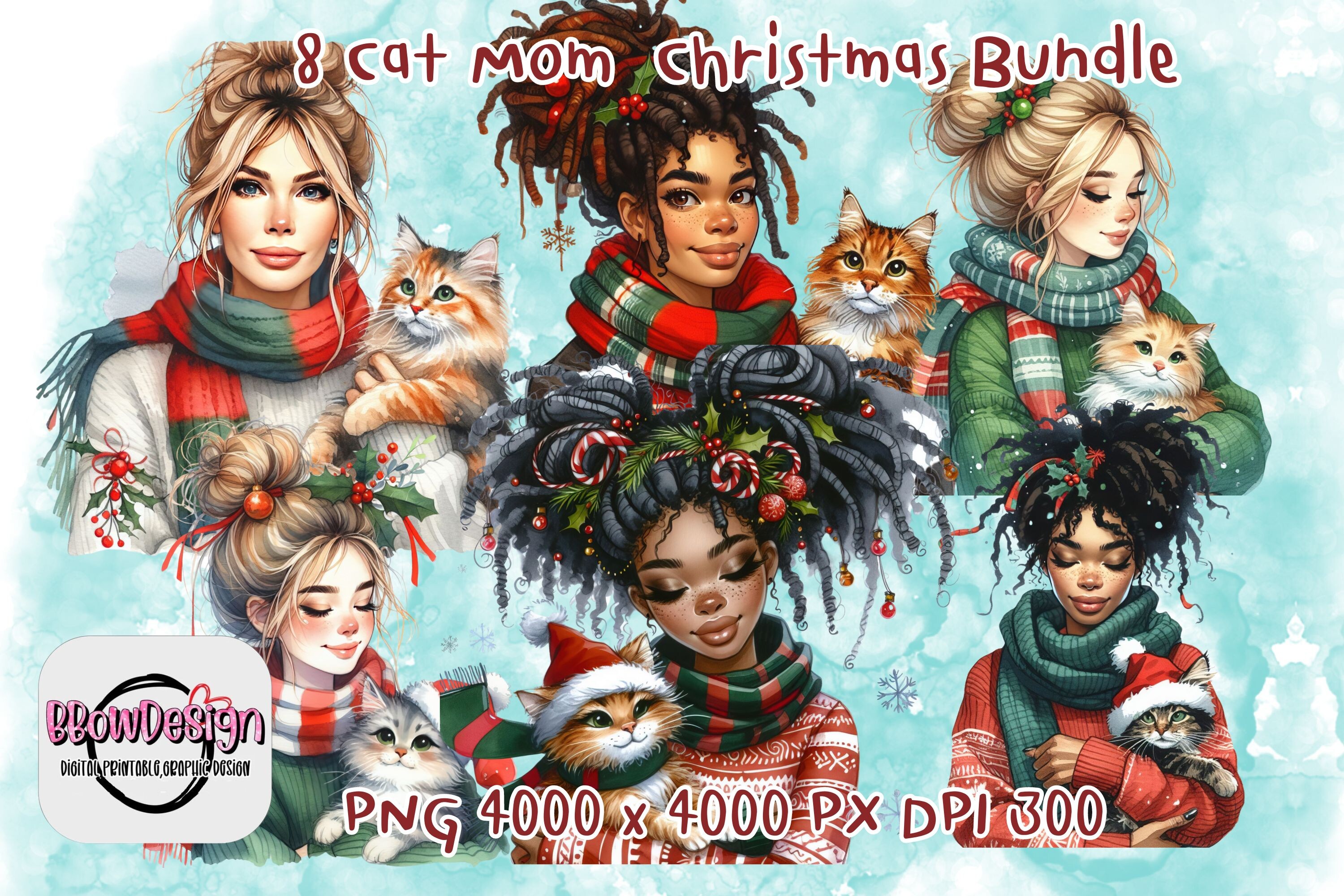 8 Cat Mom Christmas Watercolor Bundle Graphic by BbowDesign · Creative ...