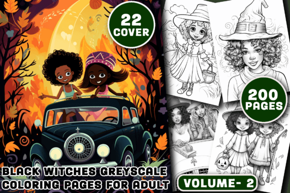 Black Witches Greyscale Coloring Pages