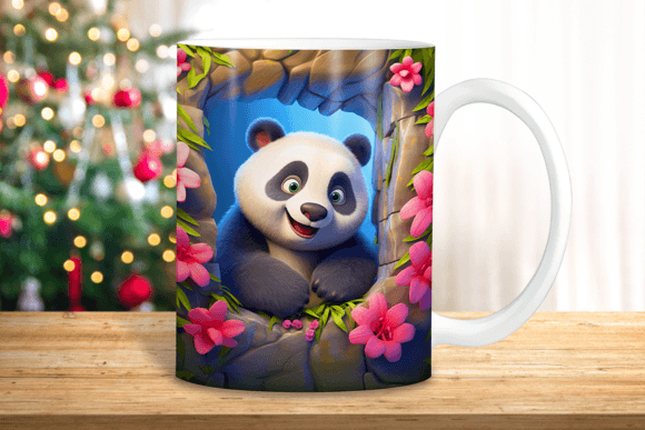 3d Cute Panda Hole In Wall Flowers Mug