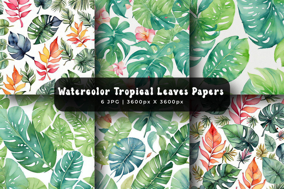 Watercolor Tropical Leaves Digital Paper