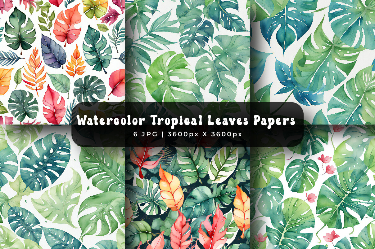 Watercolor Tropical Leaves Digital Paper