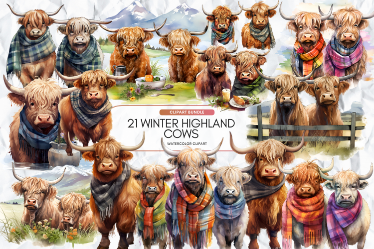 Winter Highland Cow Clipart Bundle Graphic by Markicha Art · Creative ...