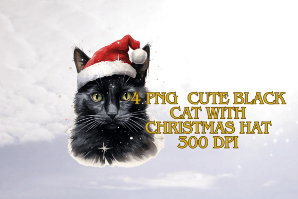 Cute Black Cat with Christmas Hat Grafika Ilustracje do Druku Przez StickersbyBabi