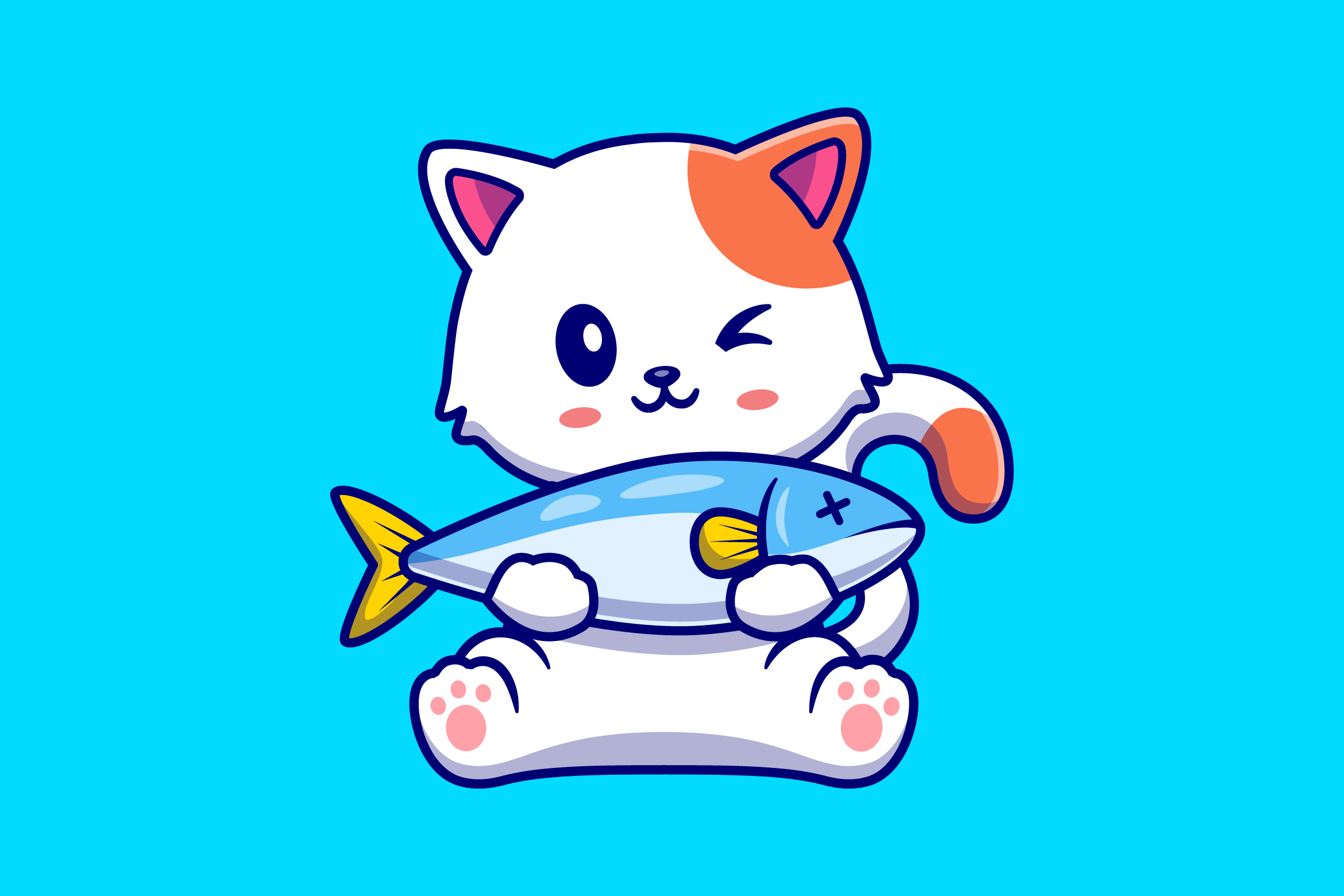 Cute Cat Holding Fish Cartoon Graphic by catalyststuff · Creative Fabrica