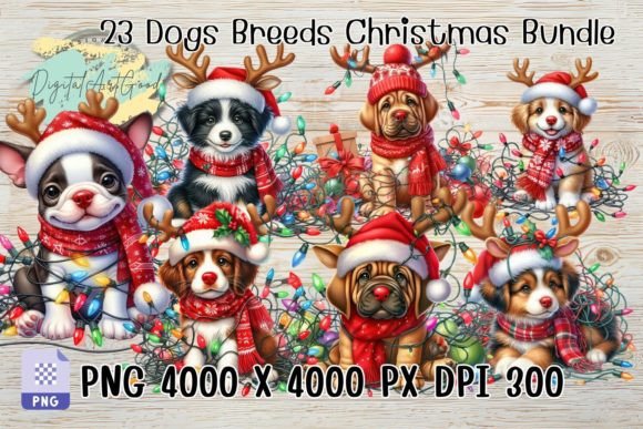 23 Dogs Breeds Christmas Watercolor PNG bundle covering popular breeds