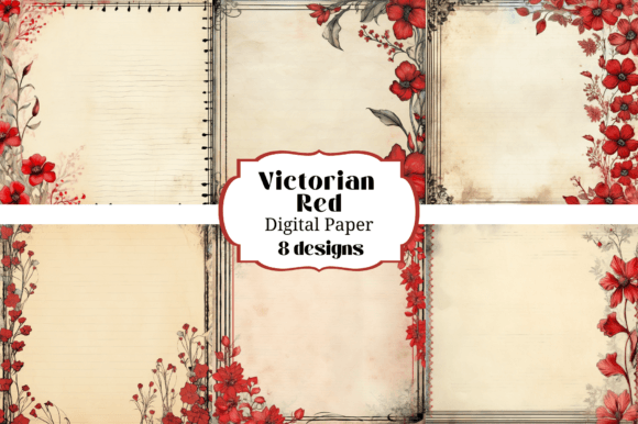 8 Victorian Red Floral Digital Paper