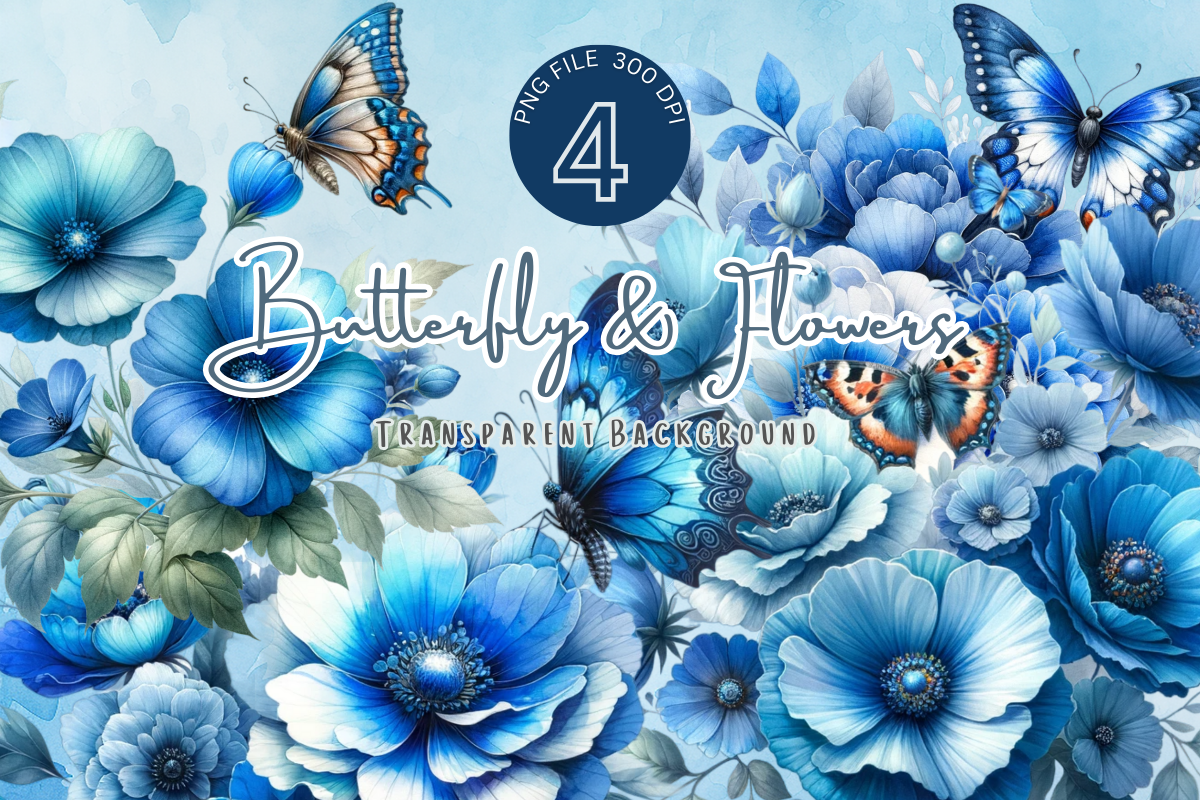Blue Flowers Clipart Watercolor Floral Graphic by sasikharn · Creative ...