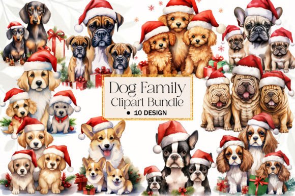 Cute Christmas dog family clipart for multi-pet matching family holiday tee sets