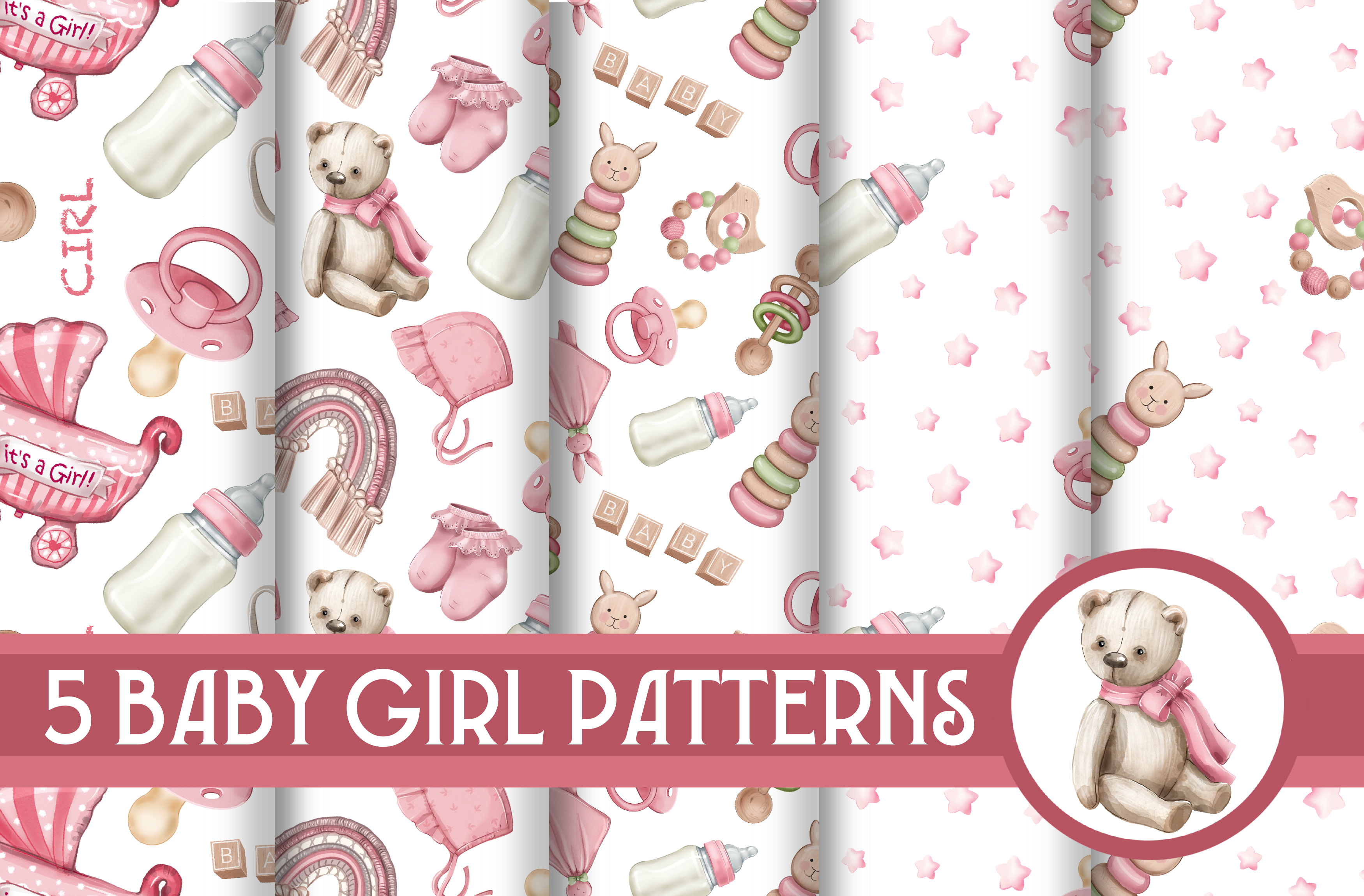 Baby Girl Patterns Watercolor Graphic by Pink Pion · Creative Fabrica