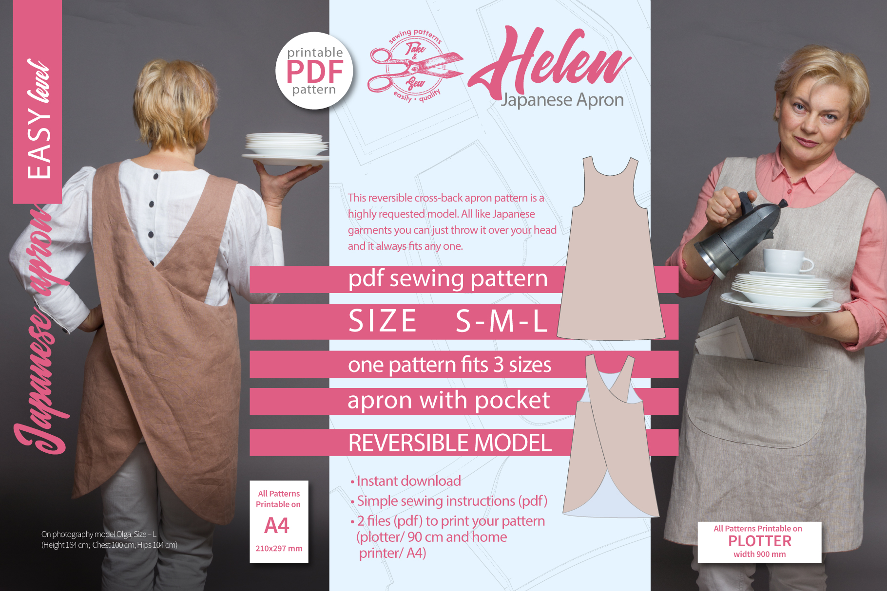 Japanese Apron Pattern Size S M L