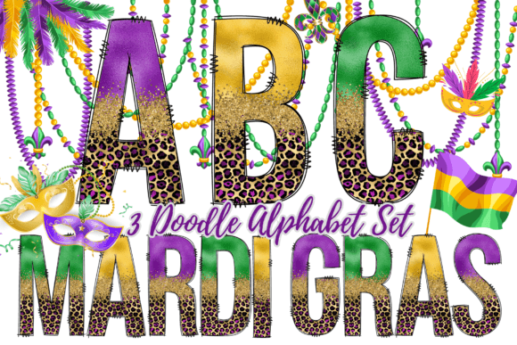Mardi Gras Glitter Leopard Alpha 3 Set Graphics