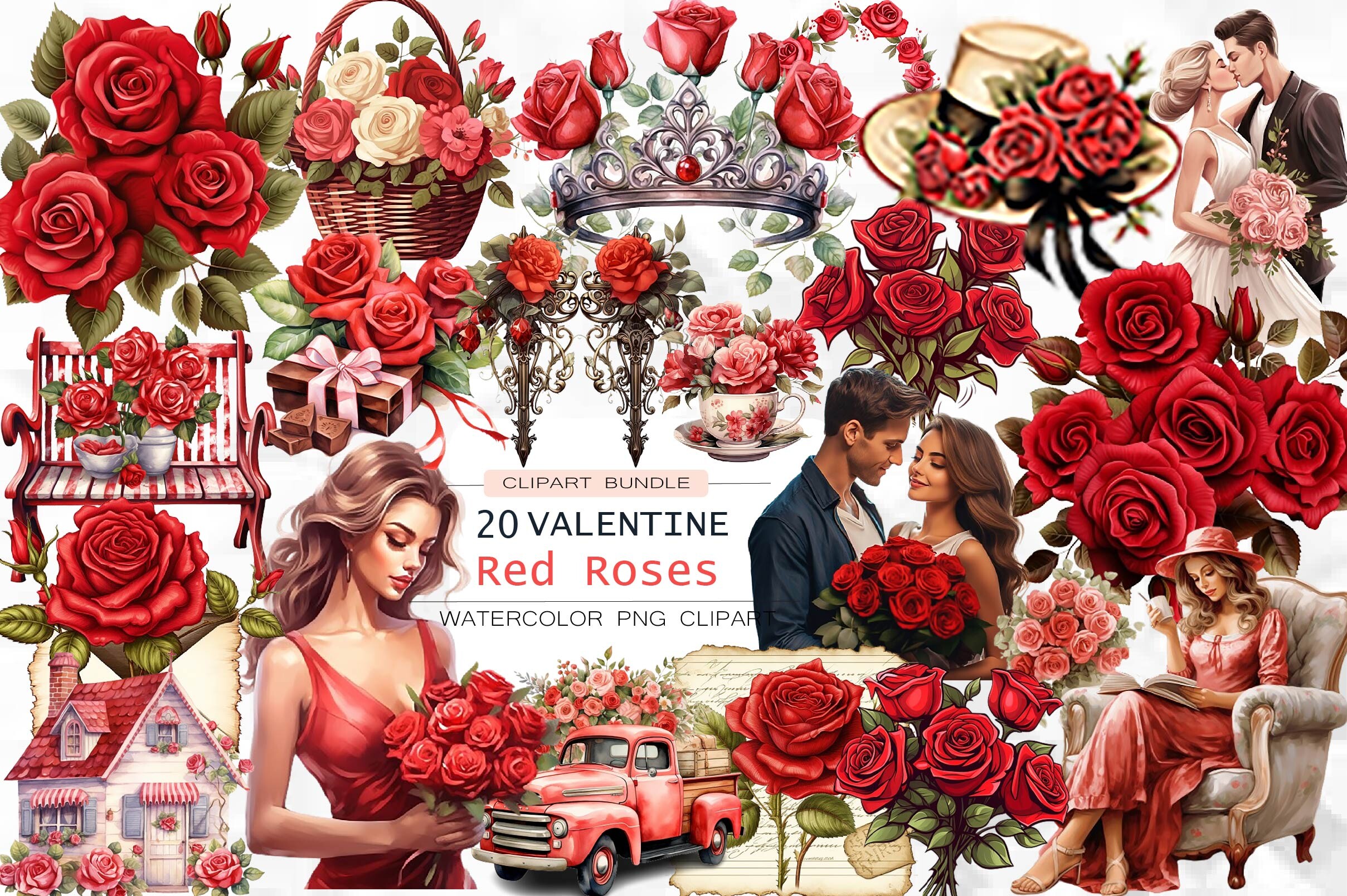 Valentine Red Roses Watercolor Clipart Graphic by lazy cute cat ...