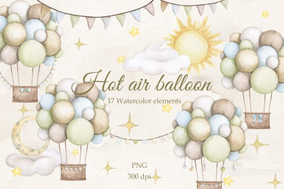 Hot Air Balloons. Set Watercolor PNG