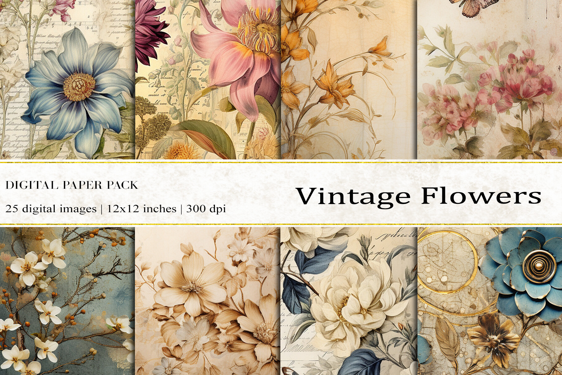 Vintage Flowers Digital Papers Graphic by BonaDesigns · Creative Fabrica