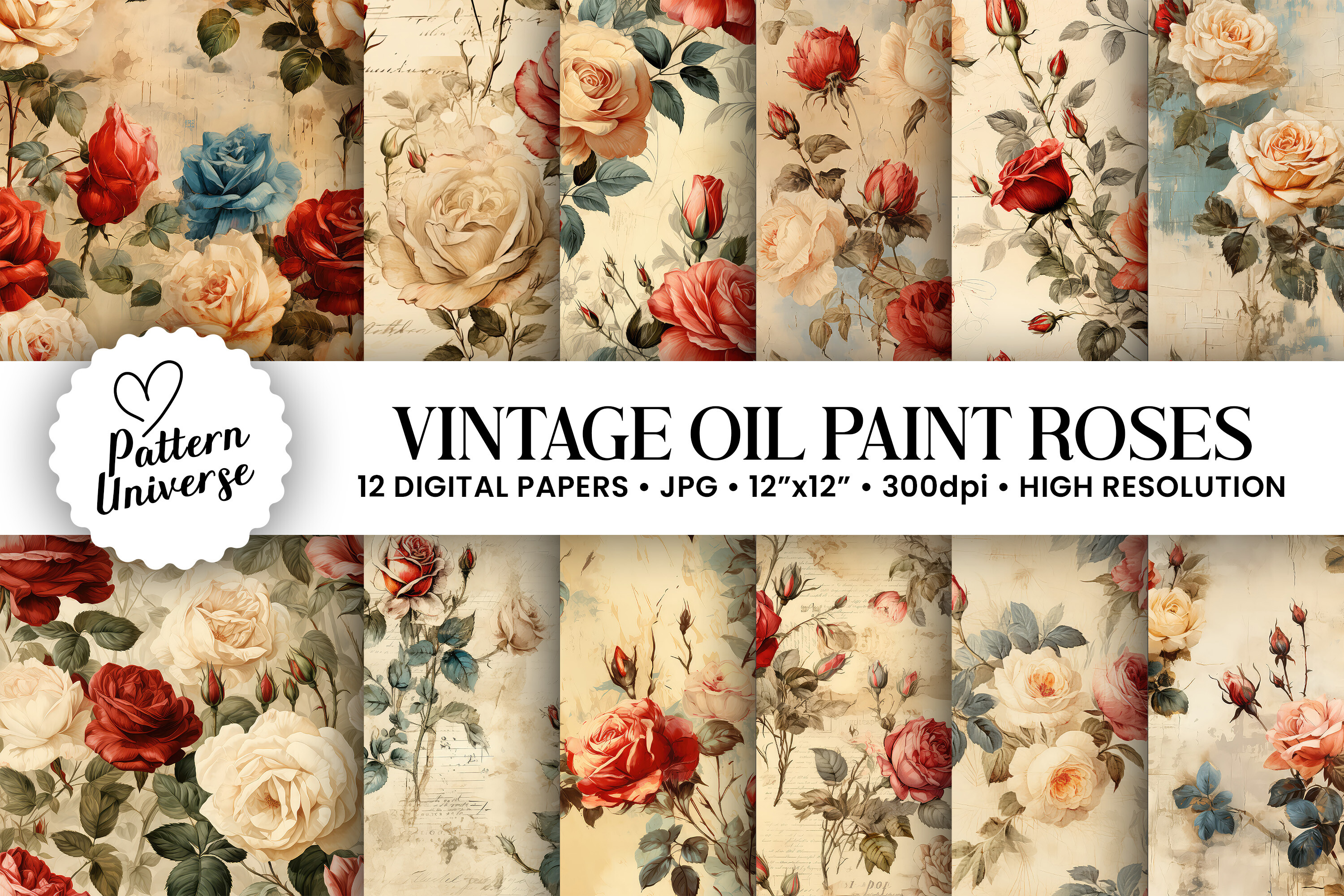 Vintage Oil Paint Roses Digital Papers Graphic by Pattern Universe ...